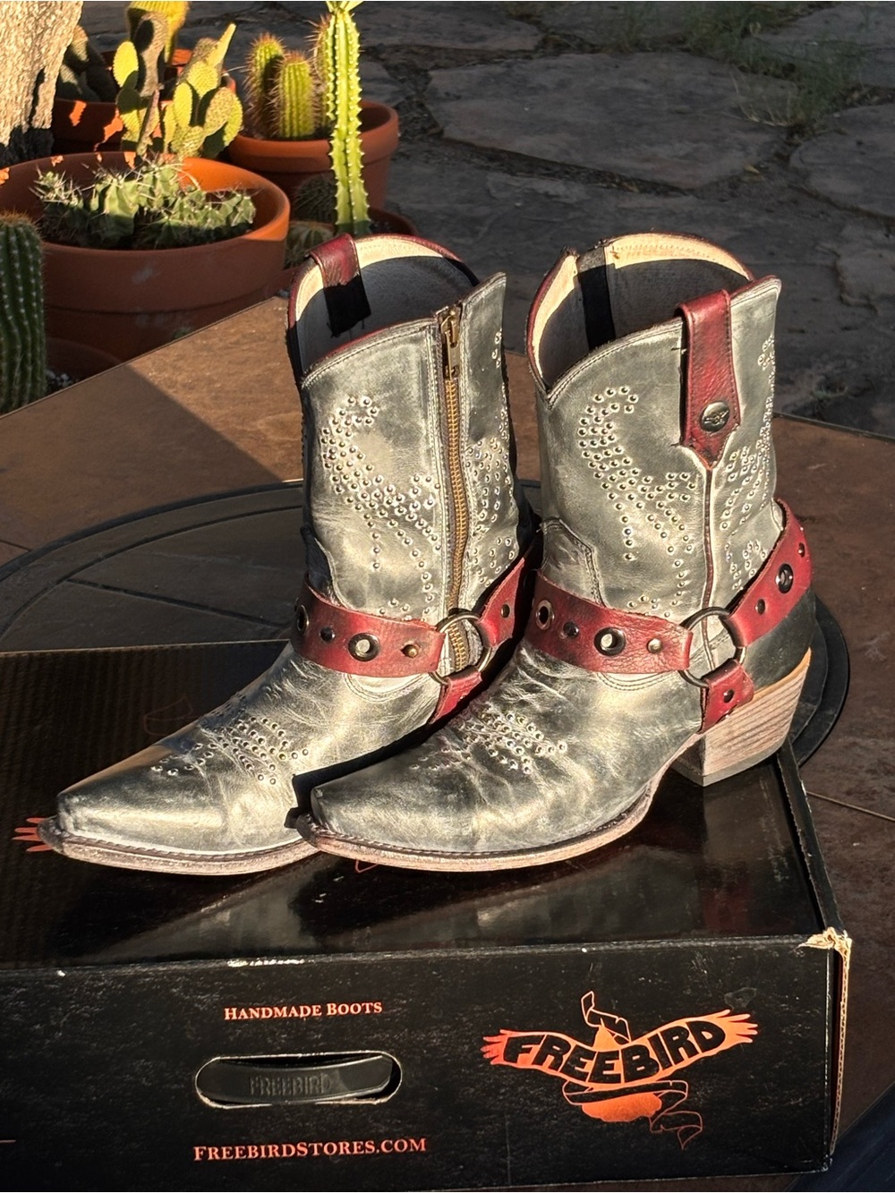 Freebird Weston Mid Calf Black Leather Western Boots with Red Harness Straps